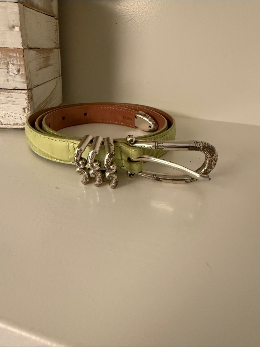Brighton Embossed Croc Leather Belt Celery Green Silver Buckle Size Large 34